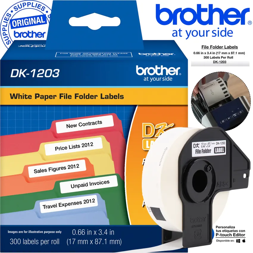 Cinta Brother DK-1203 rollo 300 etiquetas troqueladas carpetas archivos 17x87mm