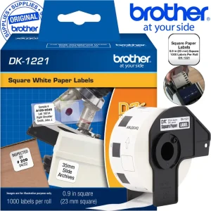 Cinta Brother DK-1221 rollo 1000 etiquetas troqueladas cuadradas 23x23mm