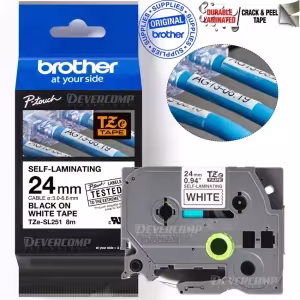 Cinta Brother TZe-SL251 autolaminada negro blanco 24mm 8m cables