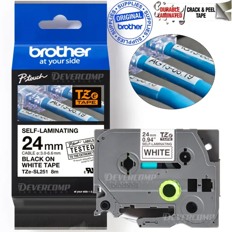 Cinta Brother TZe-SL251 autolaminada negro blanco 24mm 8m cables