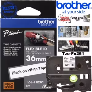 Cinta laminada flexible Brother TZe-FX261 36mm 8m negro sobre blanco cables tuberías