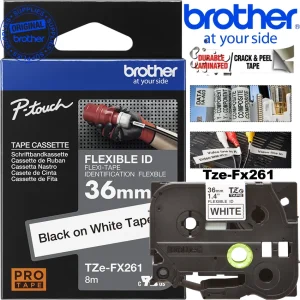 Cinta laminada flexible Brother TZe-FX261 36mm 8m negro sobre blanco cables tuberías