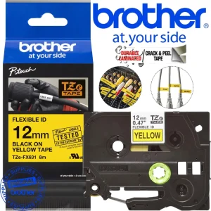Cinta laminada flexible Brother TZe-FX631 12mm 8m negro amarillo cables tuberías
