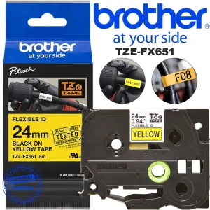 Cinta laminada flexible Brother TZe-FX651 24mm 8m negro sobre amarillo cables tuberías