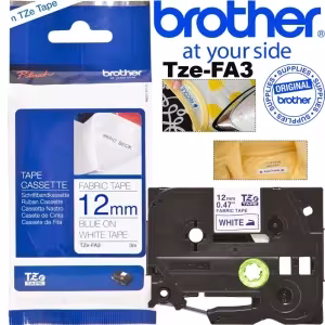Cinta textil termoadhesiva Brother TZe-FA3 12mm 3m azul marino sobre blanco tela planchar