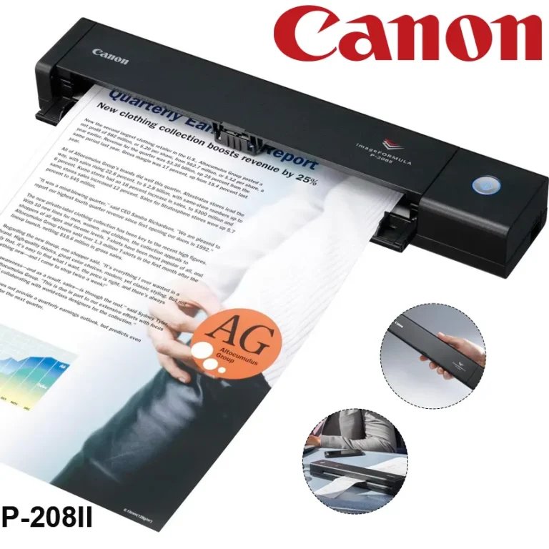 Escáner portátil Canon P‑208II digitalizando una hoja