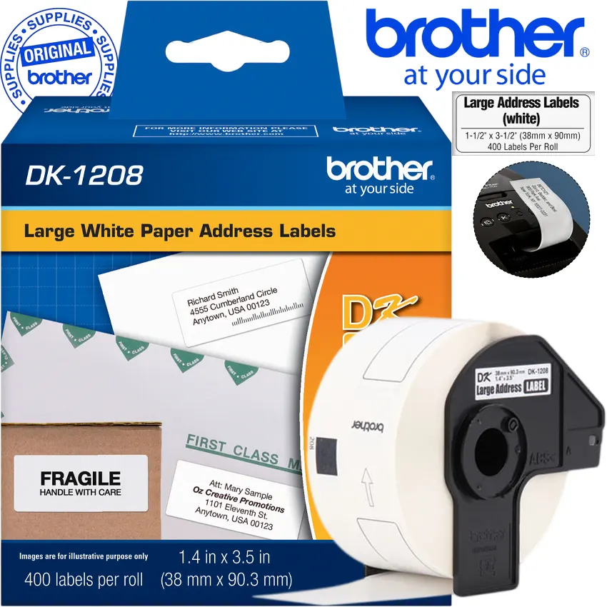 Etiqueta Brother DK-1208 rollo 400n etiquetas papel blanco troquelada 38x90mm