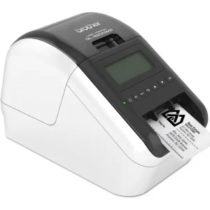 Vista lateral derecha impresora etiquetas Brother QL-820NWB puertos conectividad USB Ethernet