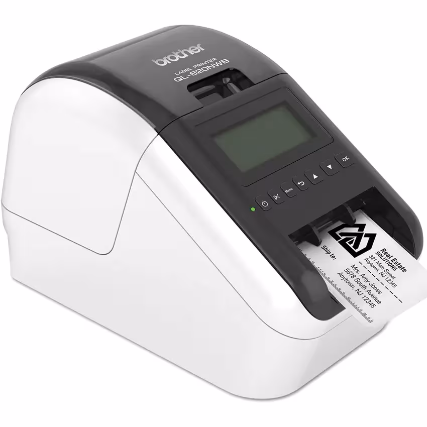 Vista lateral derecha impresora etiquetas Brother QL-820NWB puertos conectividad USB Ethernet