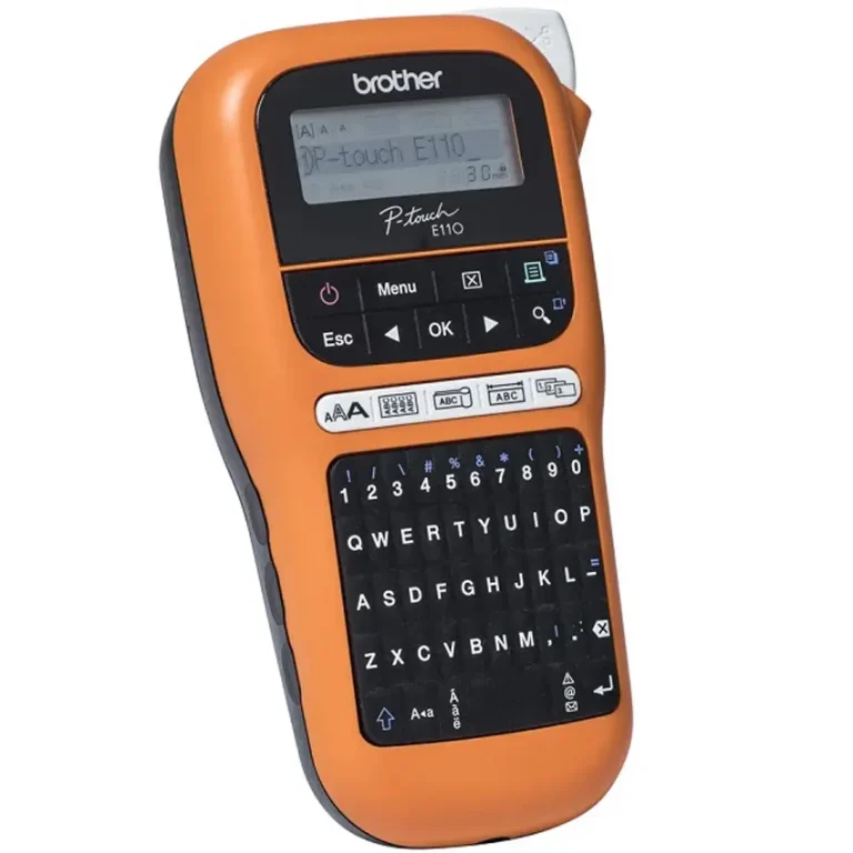 Teclas función separadas rotuladora Brother PT-E110VP cable ID rotación bandera panel frontal numeración