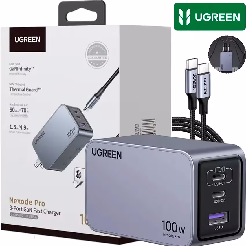 Cargador UGREEN Nexode Pro X757 100W GaN gris 3 puertos USB-C1 USB-C2 USB-A