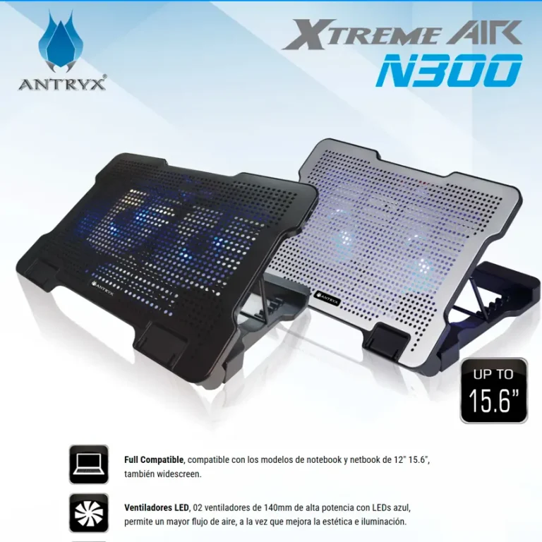 Cooler laptop Antryx Xtreme Air N300 negro aluminio 2 ventiladores 140mm LED azul