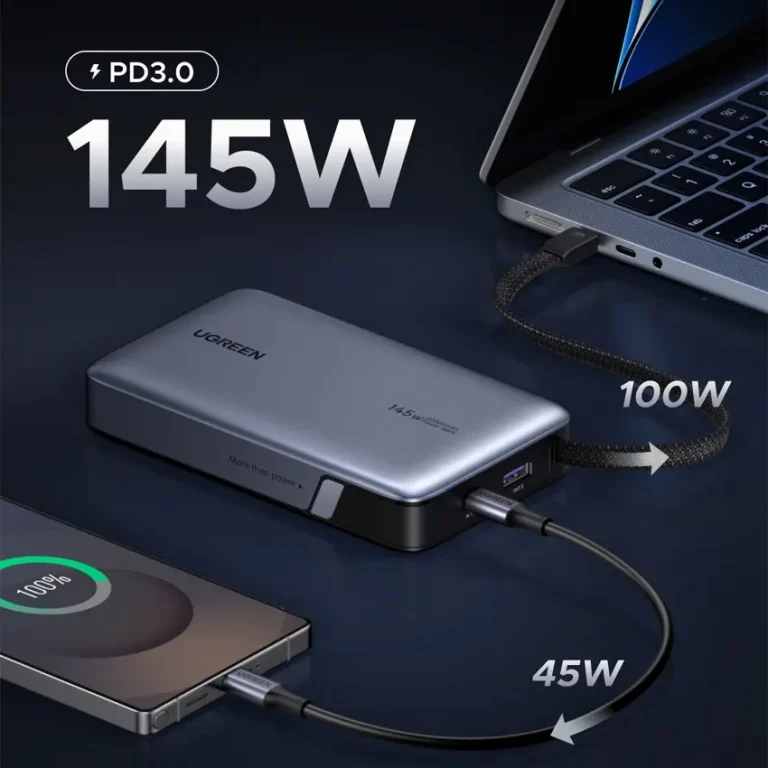 Power Bank UGREEN PB551 cargando laptop y smartphone con 145W