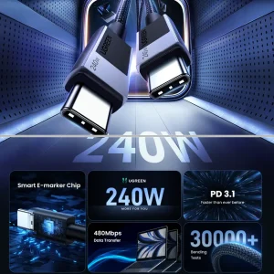 Cable UGREEN 240W PD 3.1 con resistencia de 30,000 dobleces
