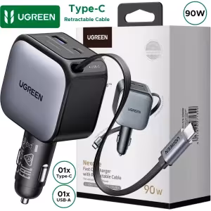 Cargador auto UGREEN 90W EC603 55909B cable retractil 70cm 3 puertos