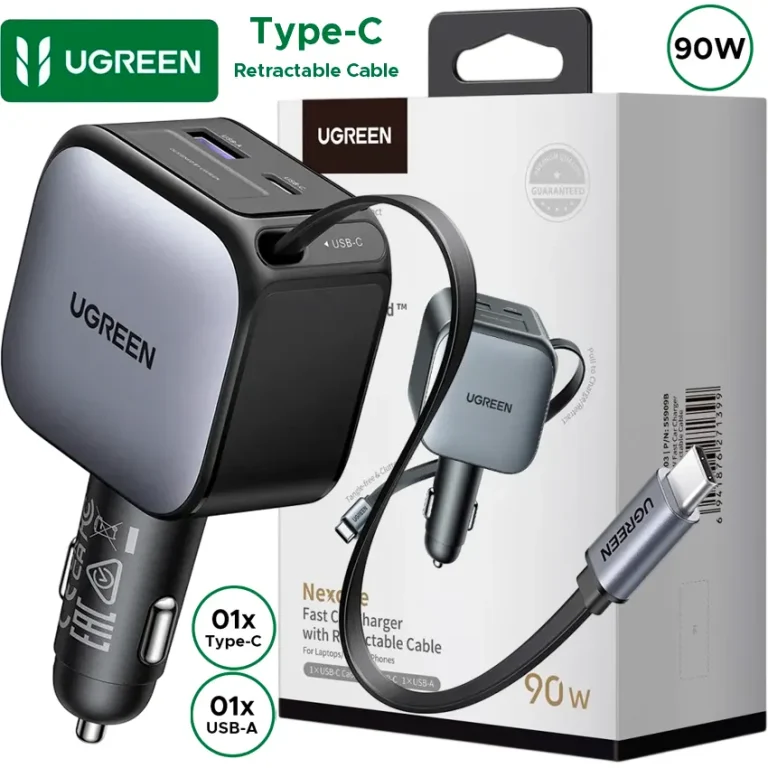 Cargador auto UGREEN 90W EC603 55909B cable retractil 70cm 3 puertos
