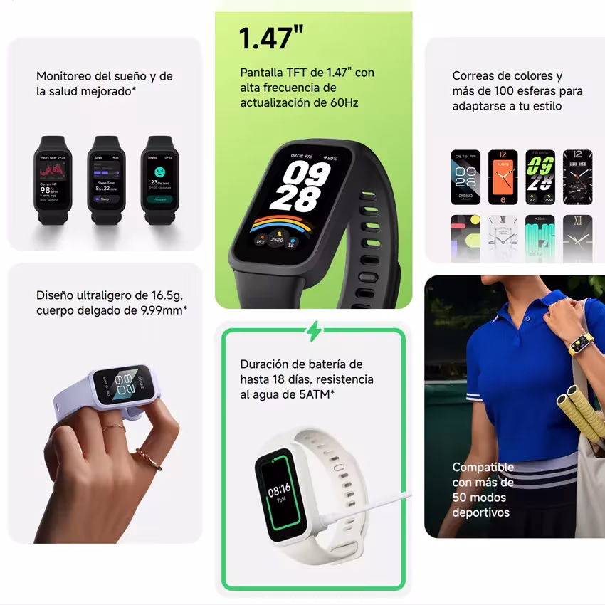 Pantalla TFT 1.47 60Hz 247 PPI pulsera Xiaomi Smart Band 9 Active