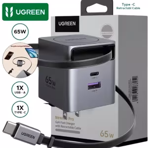 Cargador UGREEN X615 65824 65W GaN gris cable retráctil 69cm 3 puertos USB-C USB-A