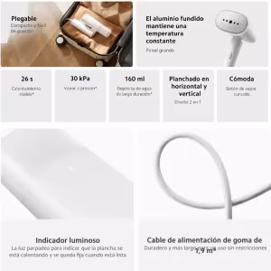 Vaporizador ropa Xiaomi Handheld Garment Steamer 1300W blanco plegable panel aluminio