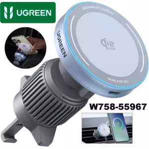 Cargador inalámbrico auto UGREEN MagFlow W758 25W Qi2 MagSafe iPhone negro rejilla ventilación