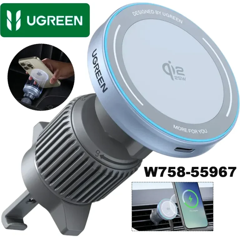 Cargador inalámbrico auto UGREEN MagFlow W758 25W Qi2 MagSafe iPhone negro rejilla ventilación