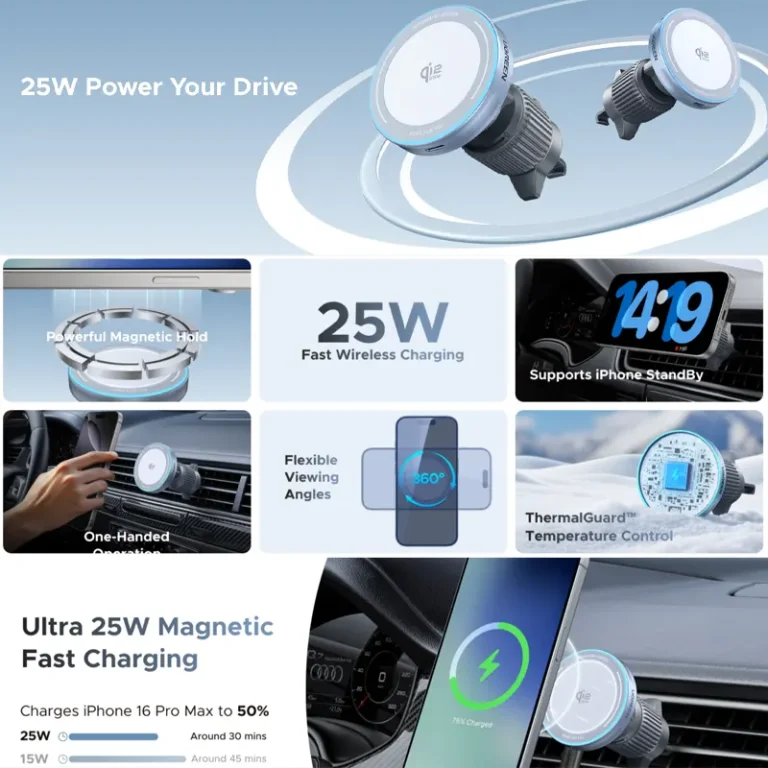 Cargador inalámbrico auto UGREEN MagFlow W758 25W Qi2 MagSafe iPhone negro rejilla ventilación