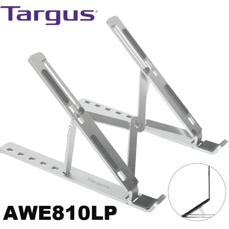 Soporte ergonómico portátil laptop tablet Targus AWE810LP aluminio plata 6 alturas desplegado