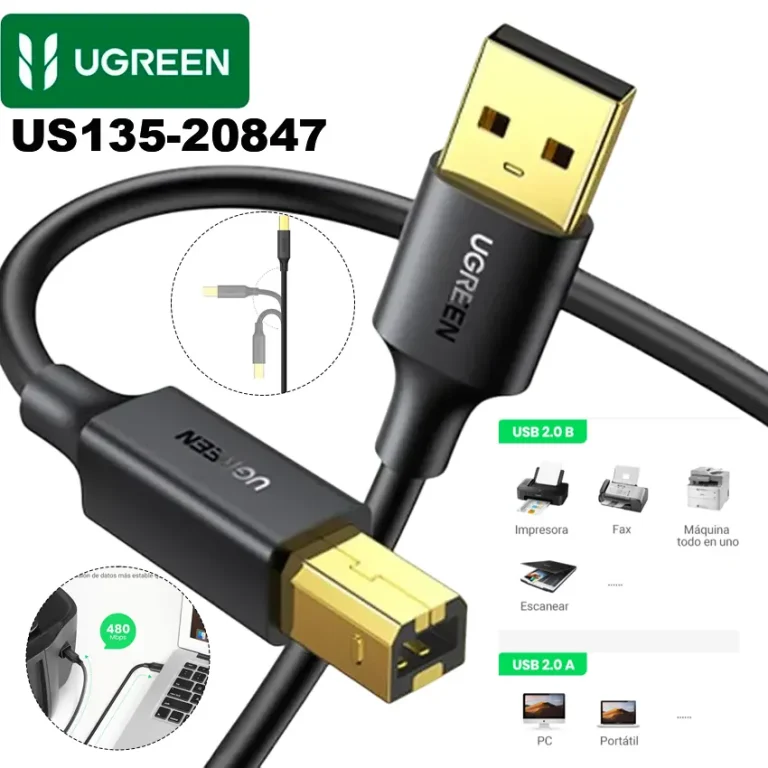 Cable USB impresora UGREEN US135 20847 USB-A a USB-B 2.0 negro 2m 480Mbps