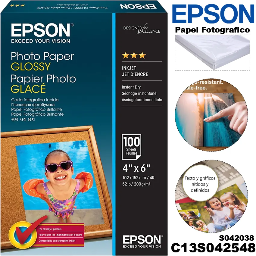 Papel Fotográfico Epson S042038 Brillante Glossy 10x15cm 4x6 100 hojas 200g/m²
