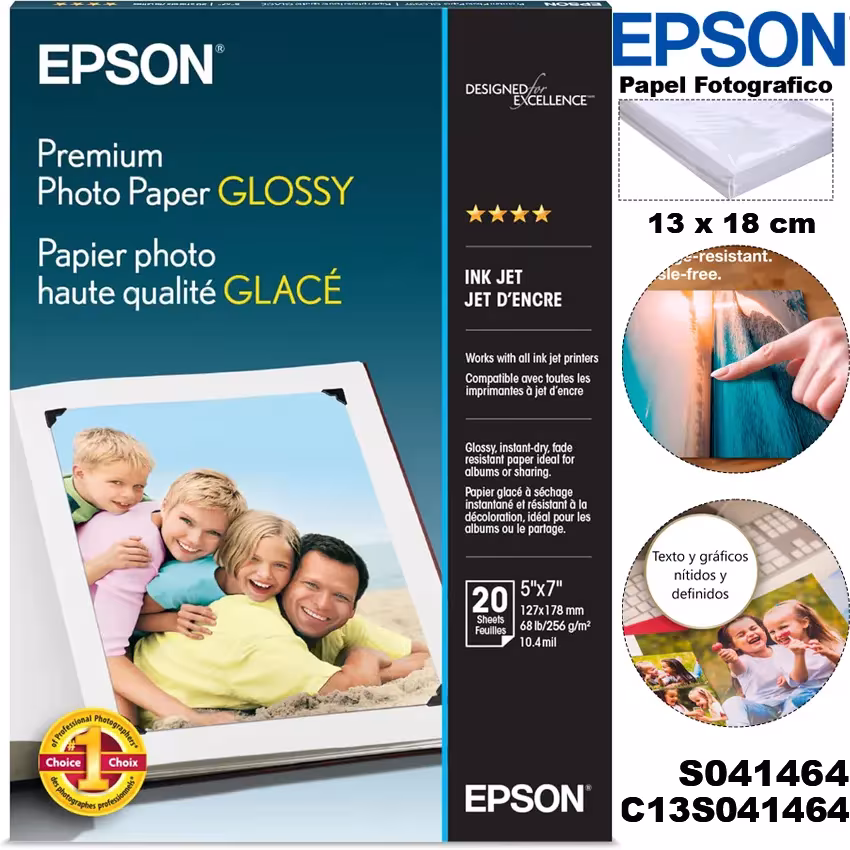 Papel Fotográfico Premium Brillante Epson S041464 High Gloss 13x18cm 20 hojas 256g/m²