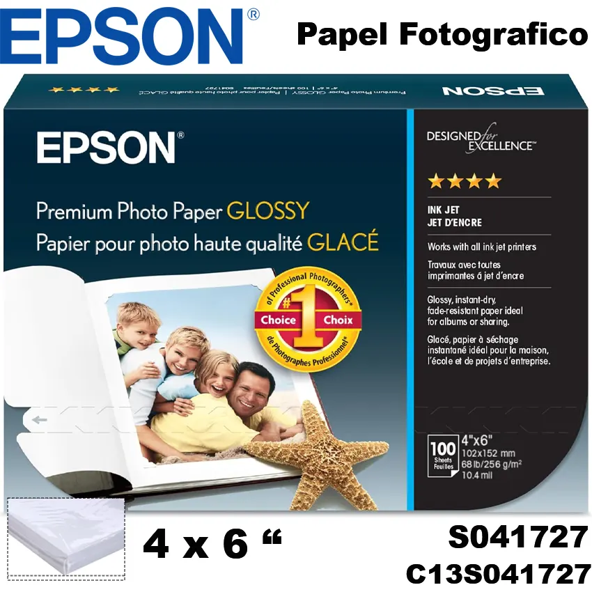 Papel Fotográfico Premium Brillante Epson S041727 High Gloss 10x15cm 4x6 100 hojas 256g/m²