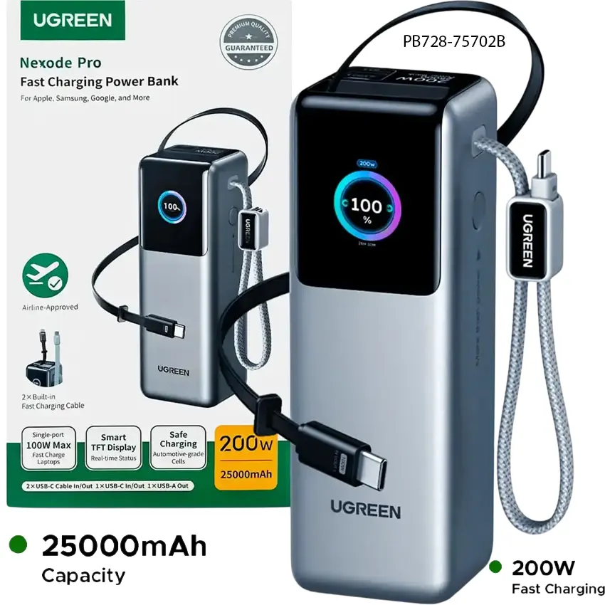 Power Bank UGREEN PB728 Nexode Pro 25000mAh 200W gris cable retráctil 65cm correa 35cm